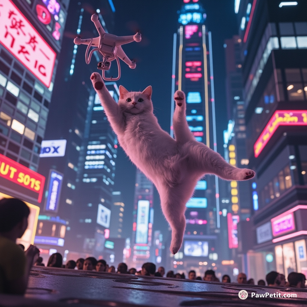Cat leaps from skyscraper to drone, gracefully pirouettes mid-air, lands on rooftop amidst neon lights and bustling crowd.