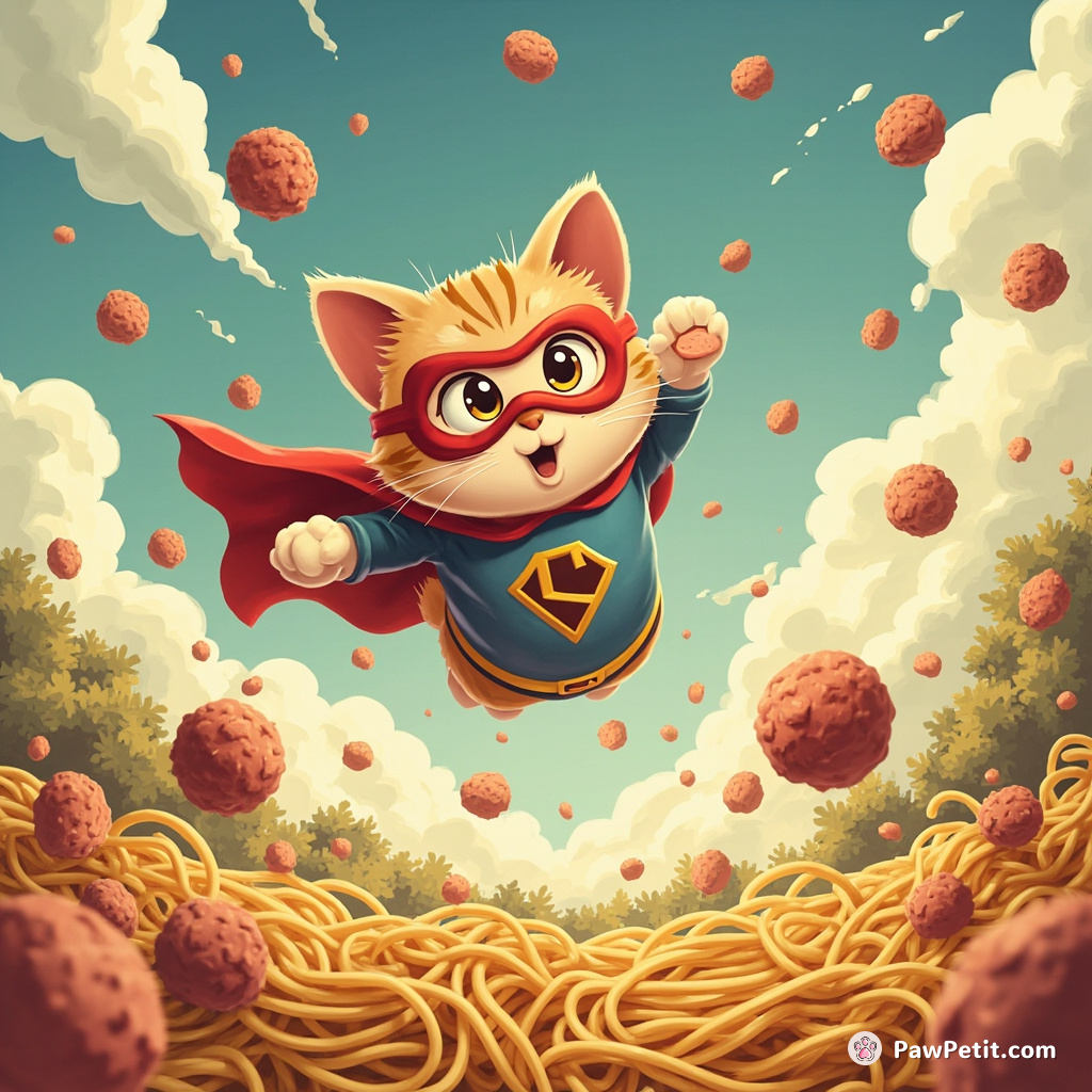 A cartoon superhero cat flying over a spaghetti forest, dodging meatball meteorites.