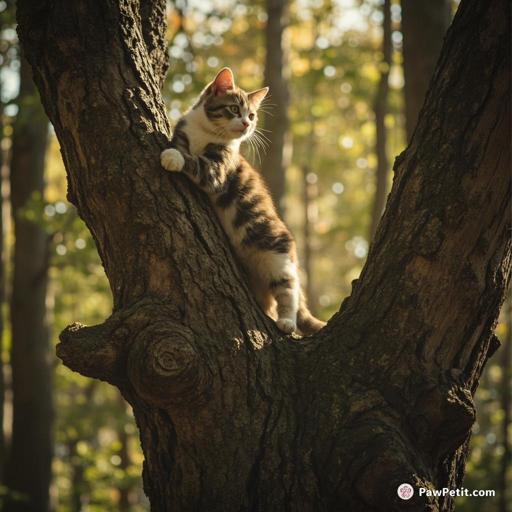 Batavia the cat gracefully scaled the tall oak, striving to relish her fleeting sense of mountain-climbing adventure.