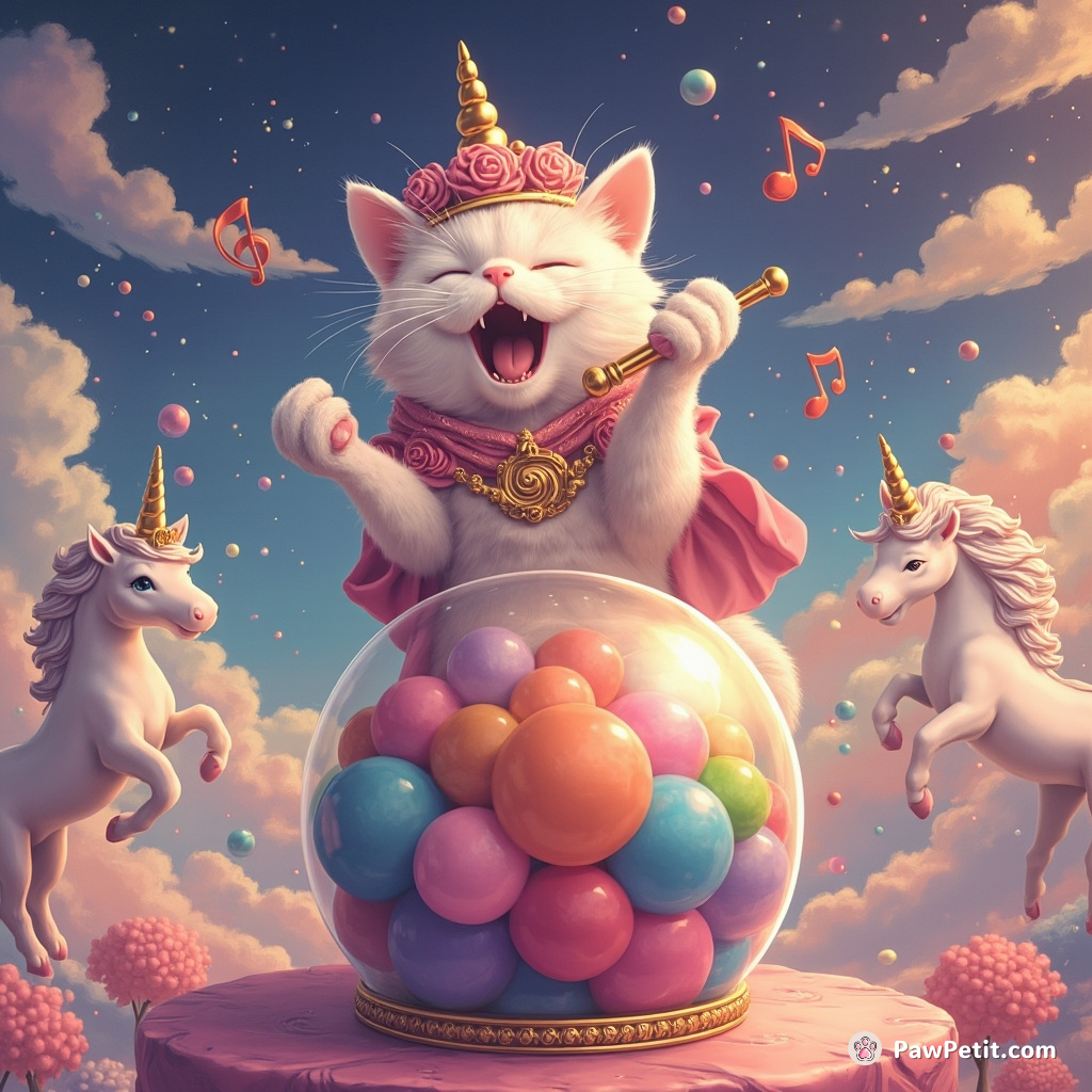 Cat singing opera on a gumball sphere while unicorns applaud.