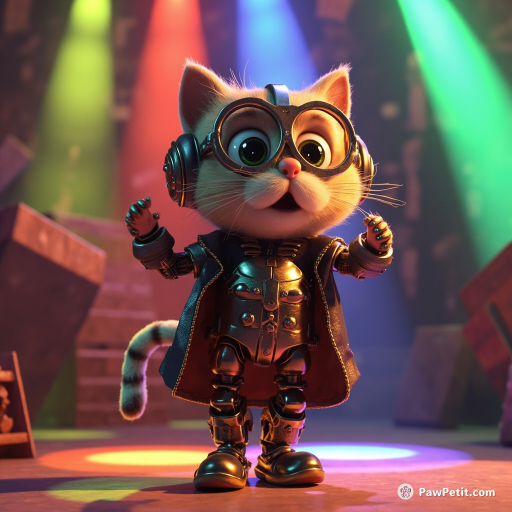 Cyborg cat performing a Shakespearean soliloquy on a rainbow lit stage.