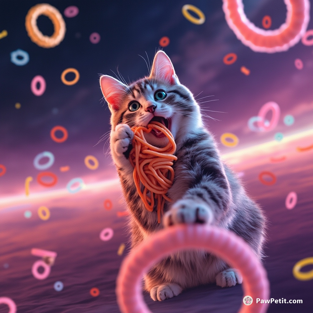 A cat eating neon-colored spaghetti loops in a zero-gravity bubble galaxy.