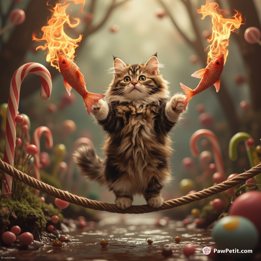 A cat juggling flaming fish while tightrope walking over a chocolate river in a candy forest.
