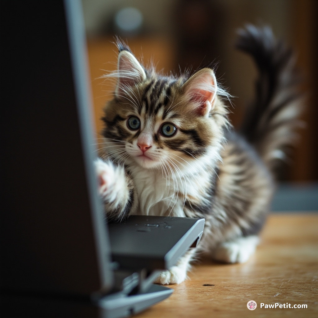The cat swats at a computer screen, believing it to be a portal to a world of endless mice.