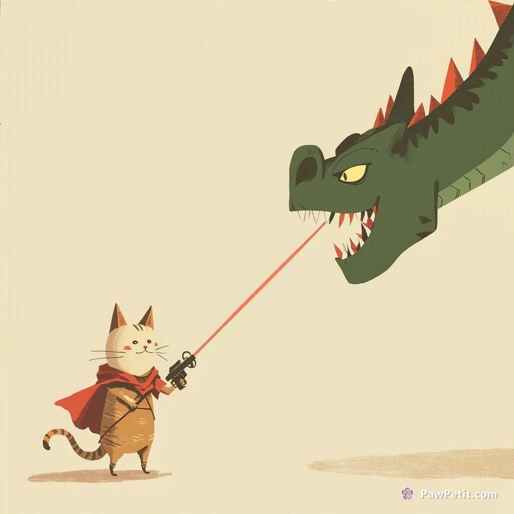 A cat outsmarts a dragon using a laser pointer, saving the kingdom and becoming a hero.
