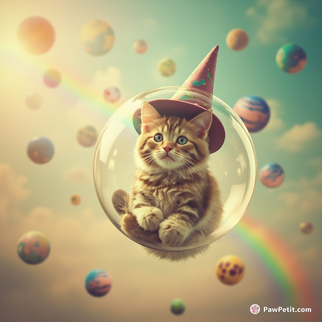 Cat floating in a bubble through a hazy rainbow-filled sky, popping tiny planet-like balloons with its wizard hat.