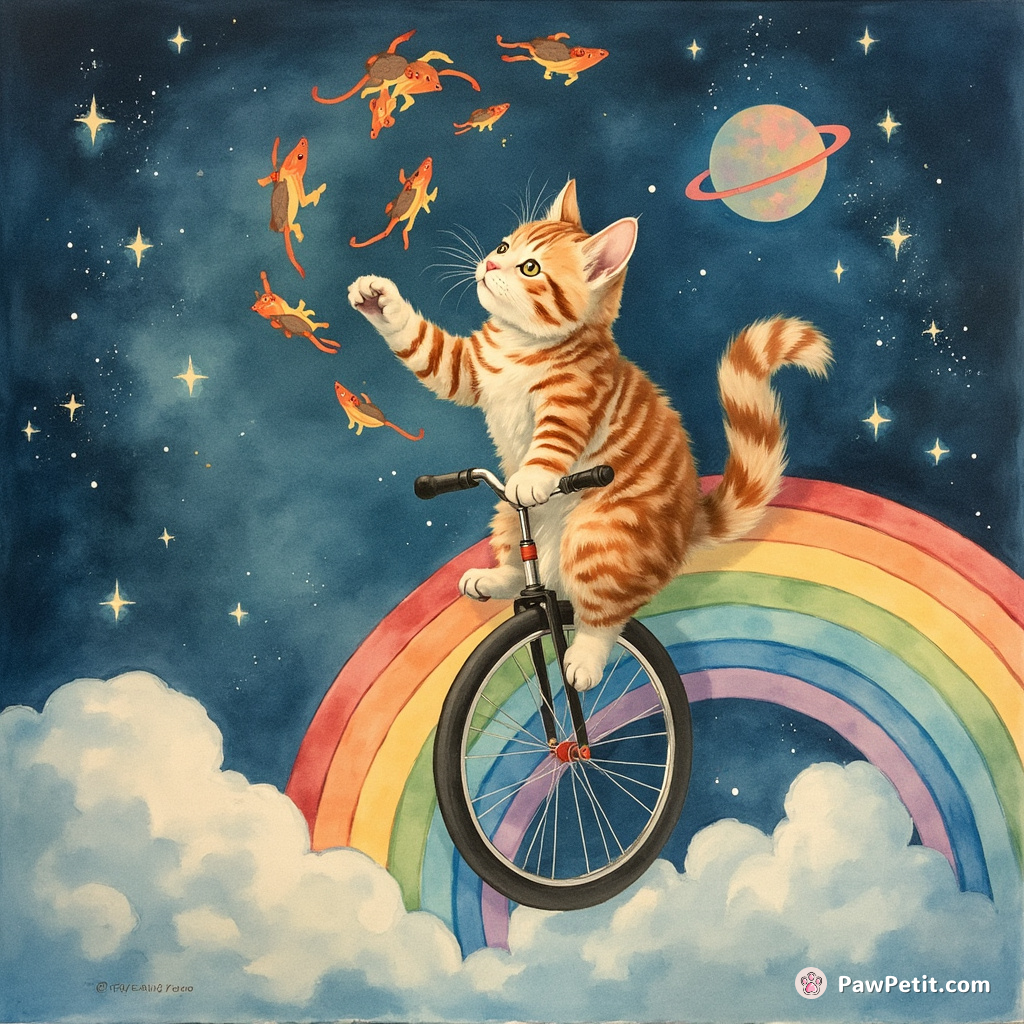Cat riding a unicycle on a rainbow in outer space while juggling flaming mice.