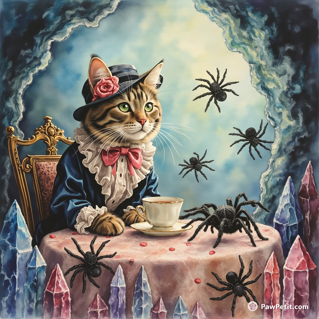 Victorian-dressed cat having afternoon tea with a group of Martian spiders in a crystal cave.