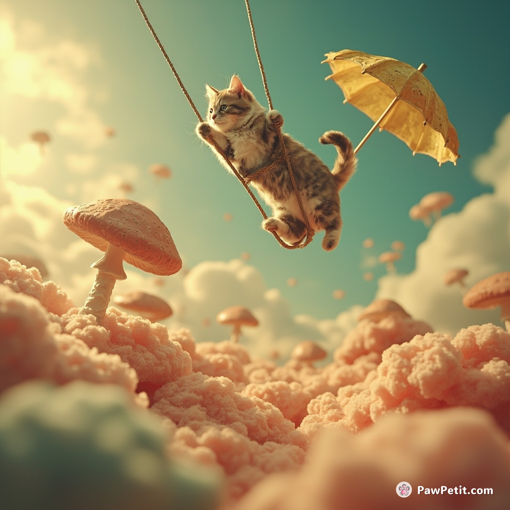 Cat bungee jumping from a mushroom with an umbrella, onto a squishy orange marshmallow cloud.