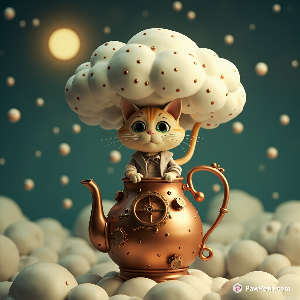Steampunk cat brewing a polka-dotted cloud in a copper kettle on the moon.