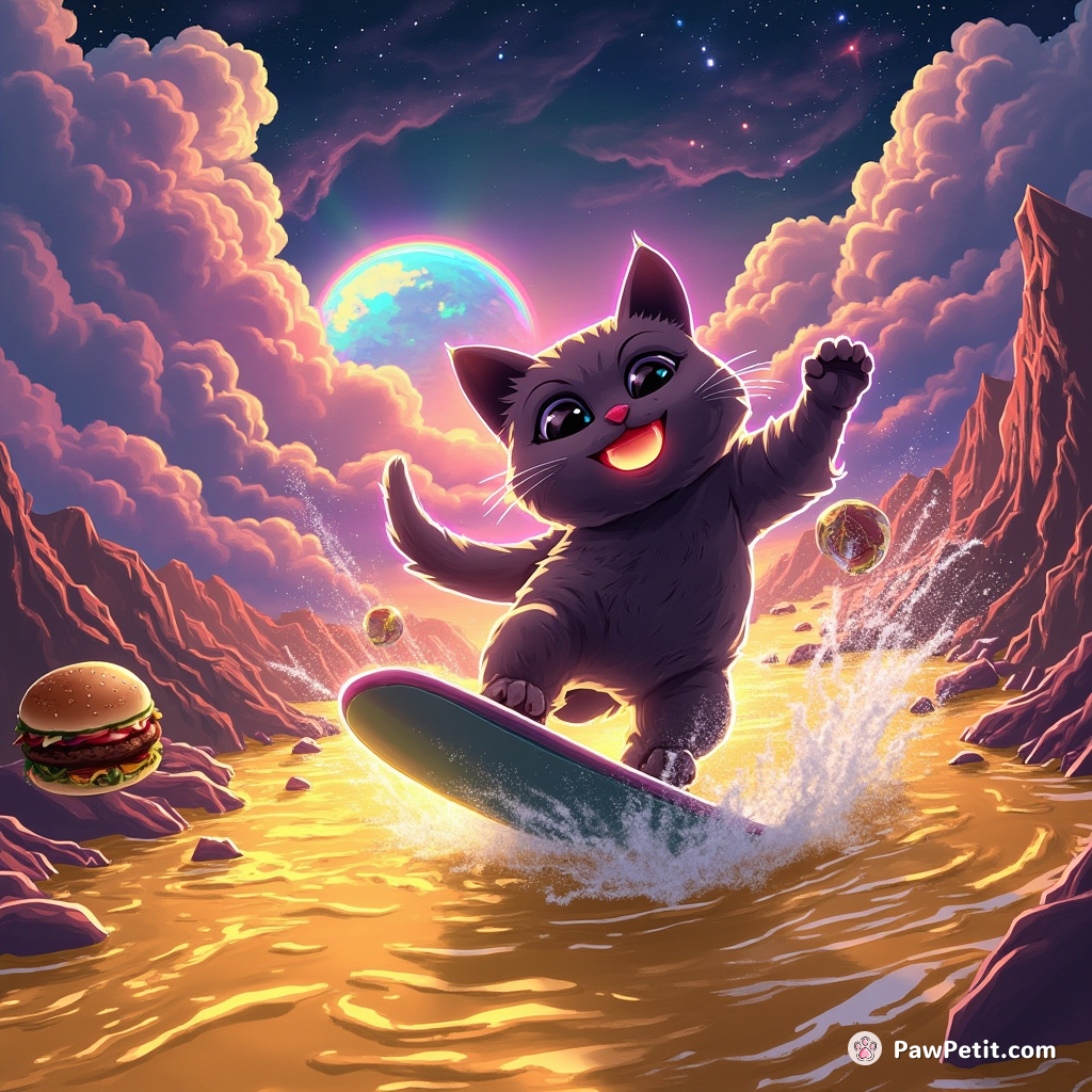 A neon cat surfing on a river of liquid gold while eating a cheeseburger-shaped planet under rainbow storm clouds.