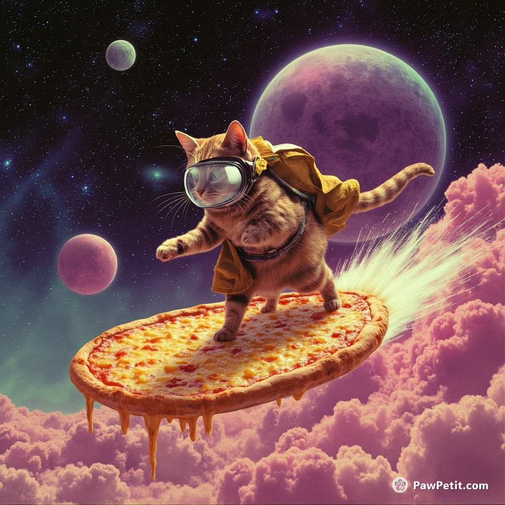 Cat turbospeed surfing on a molten-cheese moon-sized pizza in cosmos.