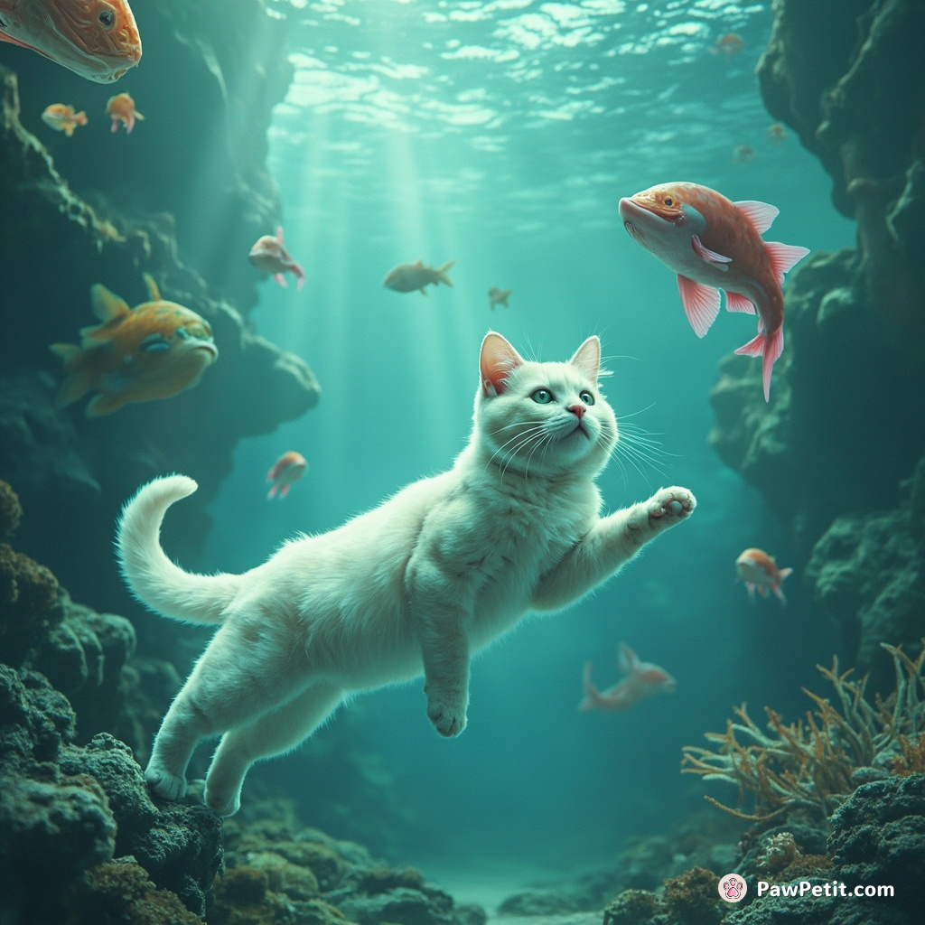 A translucent cat floating in an underwater city, gracefully conducting an orchestra of sea-creatures.