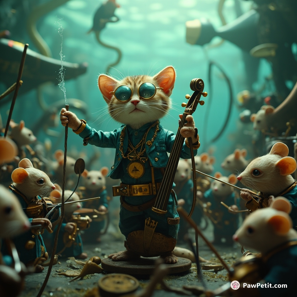 Steampunk cat conducting an orchestra of mechanical mice in a wild underwater concert.