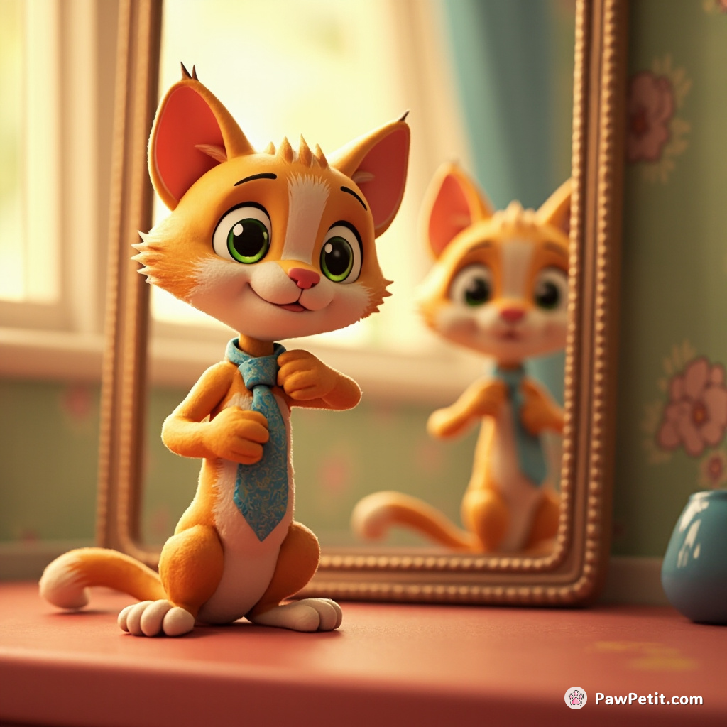 The cat carefully ties a tiny necktie, adjusting it in a mirror with focused determination.