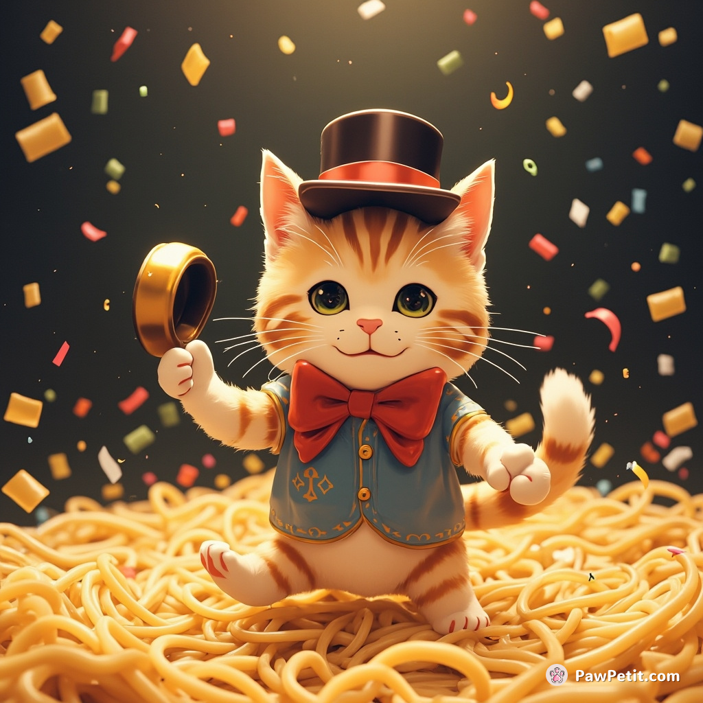 A three-tailed cat waltzing with a floating top hat across a sea of spaghetti under confetti rain.