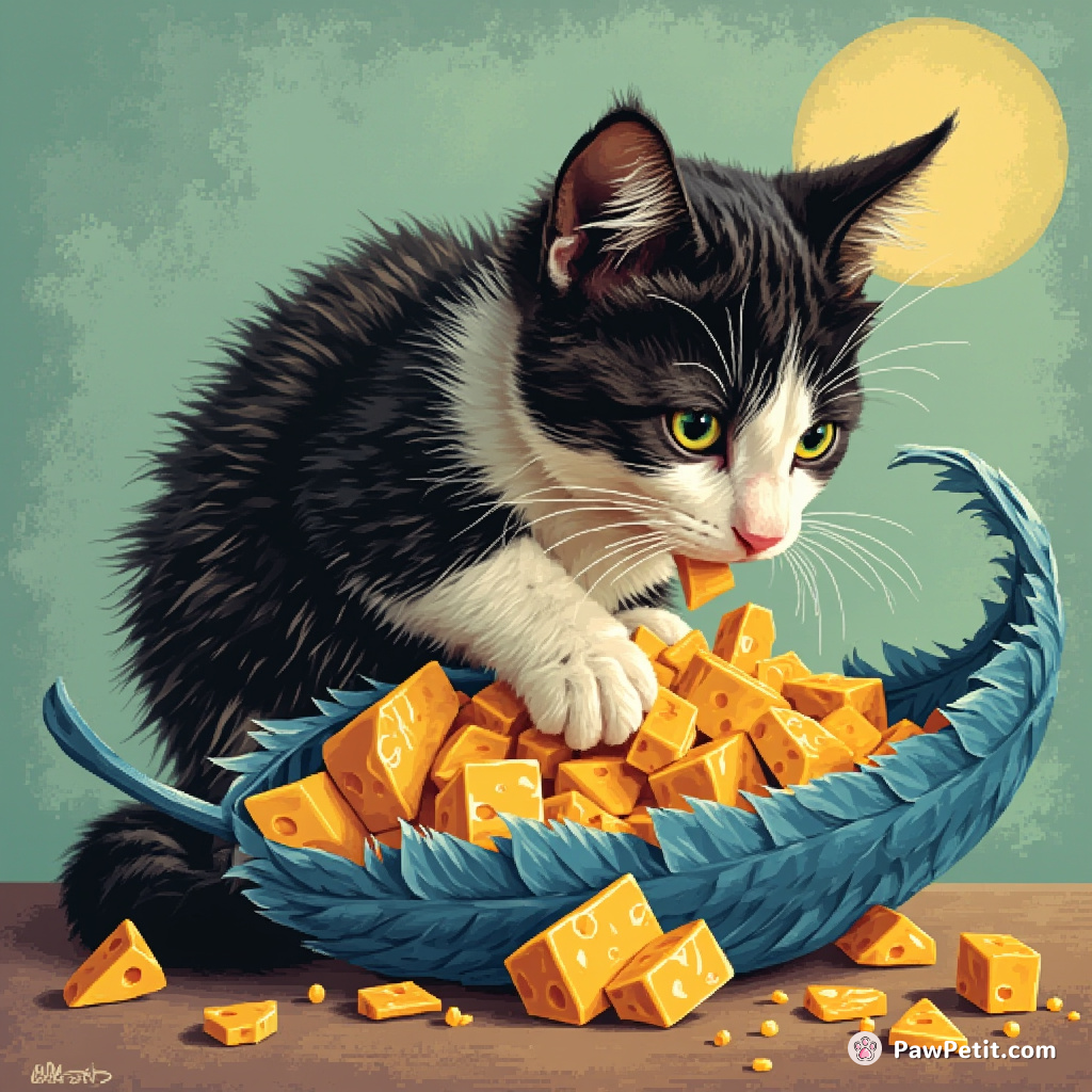 A tuxedo cat arranging a microscopic city of cheese inside the hollow of a blue parrot's feather.