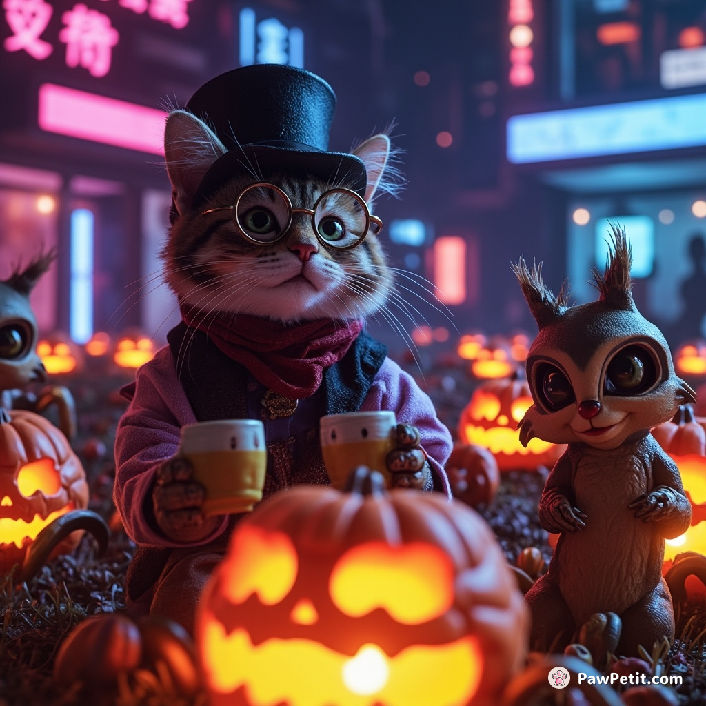 A tea-hosting whimsical cat with a top hat and monocle, distributing mugs of quasar brew to squirrels riding nebula-hopped alien dolphins in the heart of a fluorescent pumpkin patch.