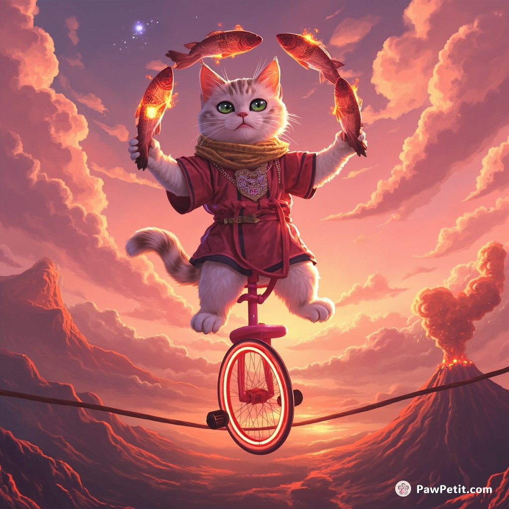 A three-legged cat juggling flaming fish while riding a neon unicycle on a tightrope suspended over an erupting volcano under pink skies.
