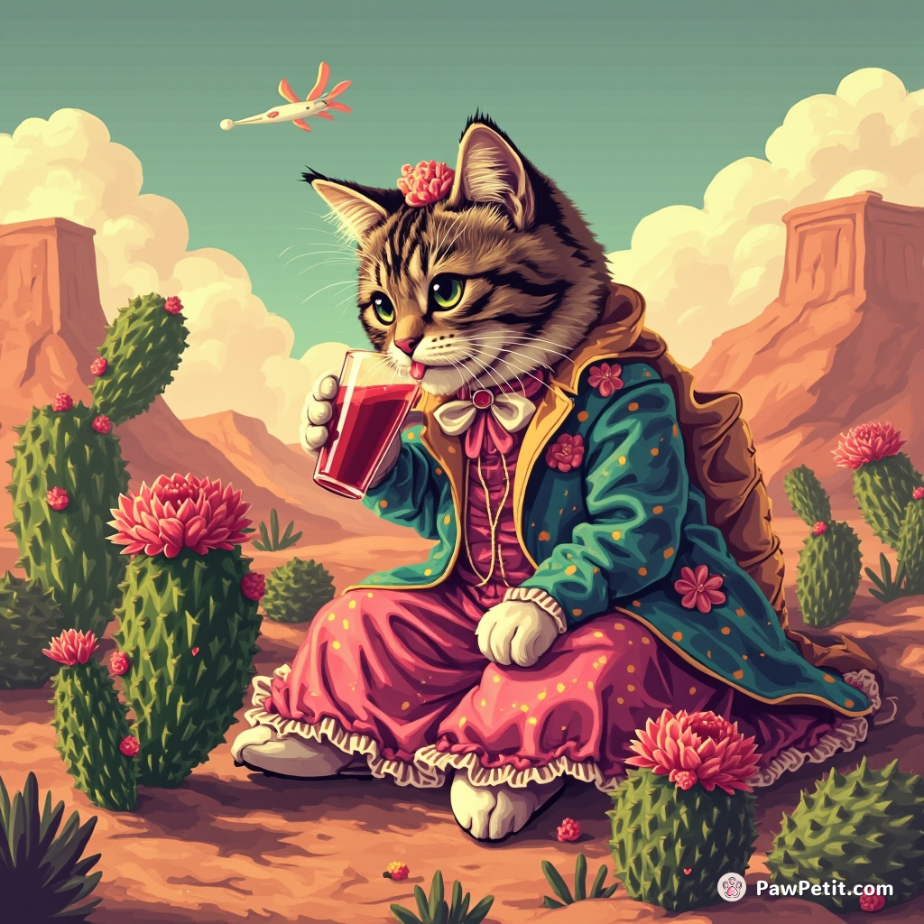 Victorian-dressed cat sipping nectar from a blooming cacti in a zero-gravity desert.
