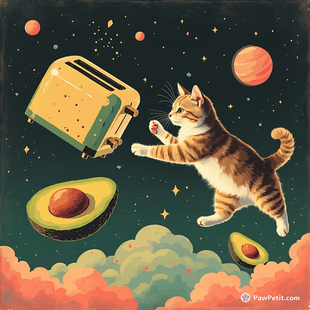 A cat jousting a self-transforming toaster atop two floating avocado halves in psychedelic outer space.
