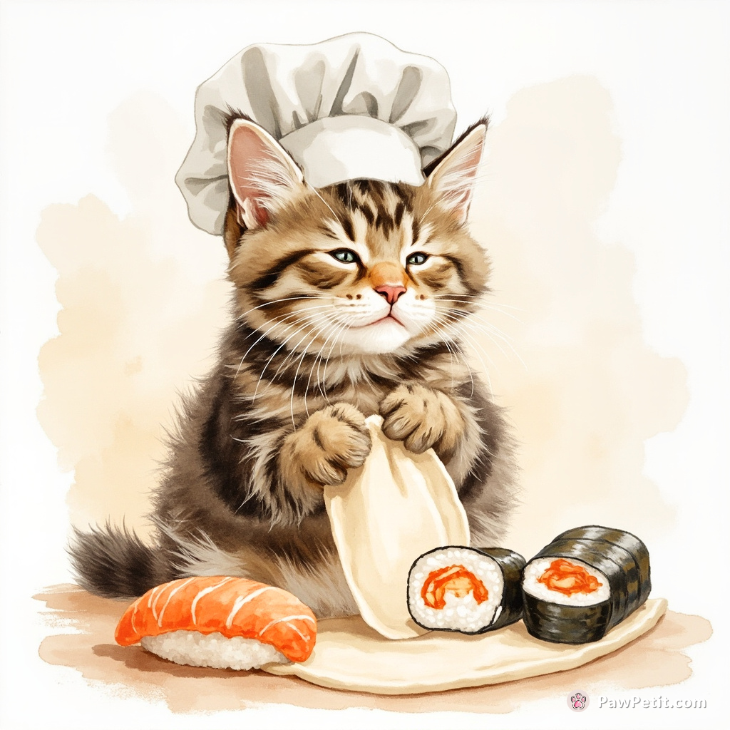 Donning a miniature chef's hat, whiskers twitching, the ambitious tabby meticulously kneads dough for uncooked cat food sushi rolls.