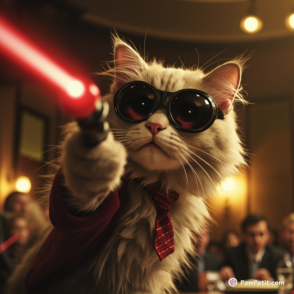 Fluffy the cat, in disguise, wreaks havoc by chasing a laser pointer during a board meeting.