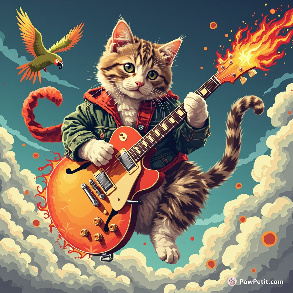 A cat playing a flaming guitar while skydiving with parrots.