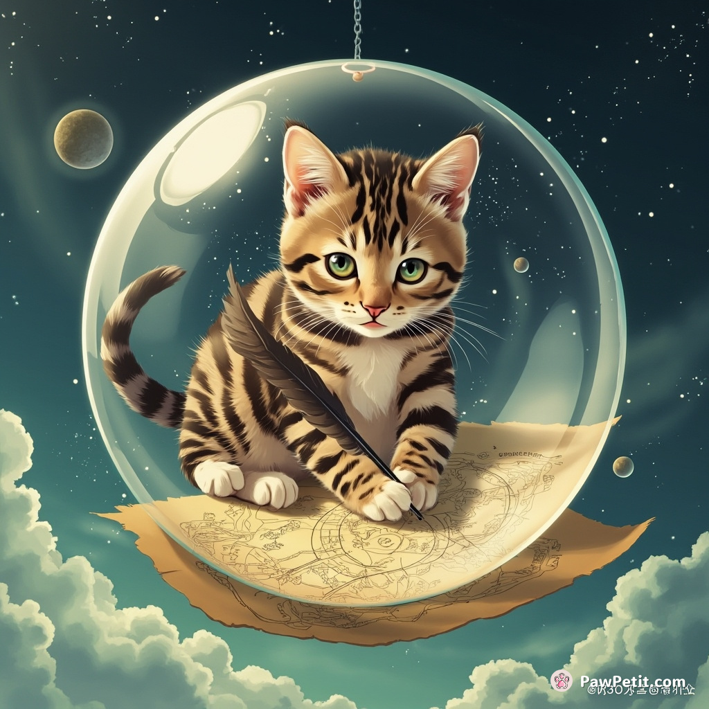A tabby cat holding a quill, inking cryptic celestial maps on parchment inside a floating bubble in zero gravity.