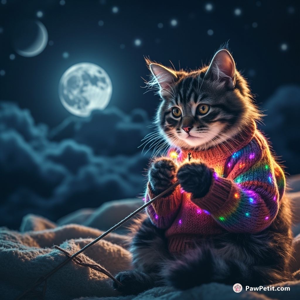 A cat knitting a sweater made of rainbow starlight, on the moon.