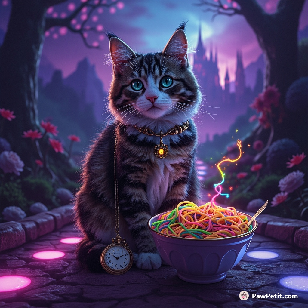 A calico cat casually time-traveling with her pocket watch while eating a bowl of rainbow spaghetti on the twilight path towards an enchanted castle.