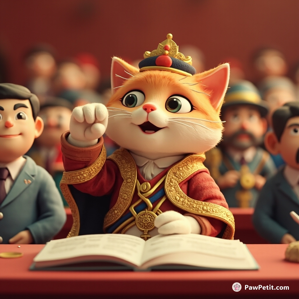 Cat conducts a summit, regally raises paw, finalizing global peace treaties; world leaders pledge allegiance to the Feline Federation.
