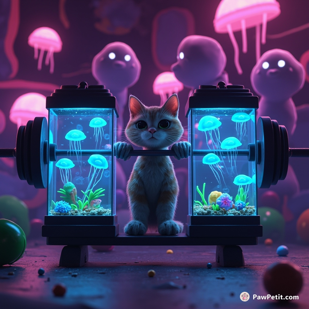 Macho cat bench pressing two fish tanks filled with neon jellyfish, in a cosmic gym full of ghost mice.