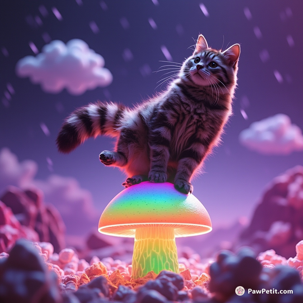 A raccoon-tailed cat back-flipping over a neon mushroom, on rainbow crystal planet, under marshmallow rain.