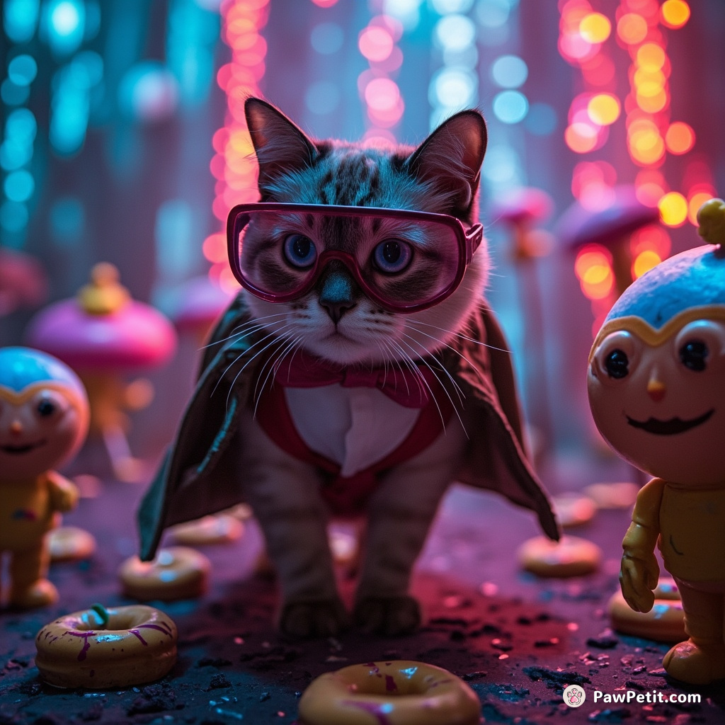 A detectively dressed cat investigating tiny aliens that are frosting donuts in a neon forest.