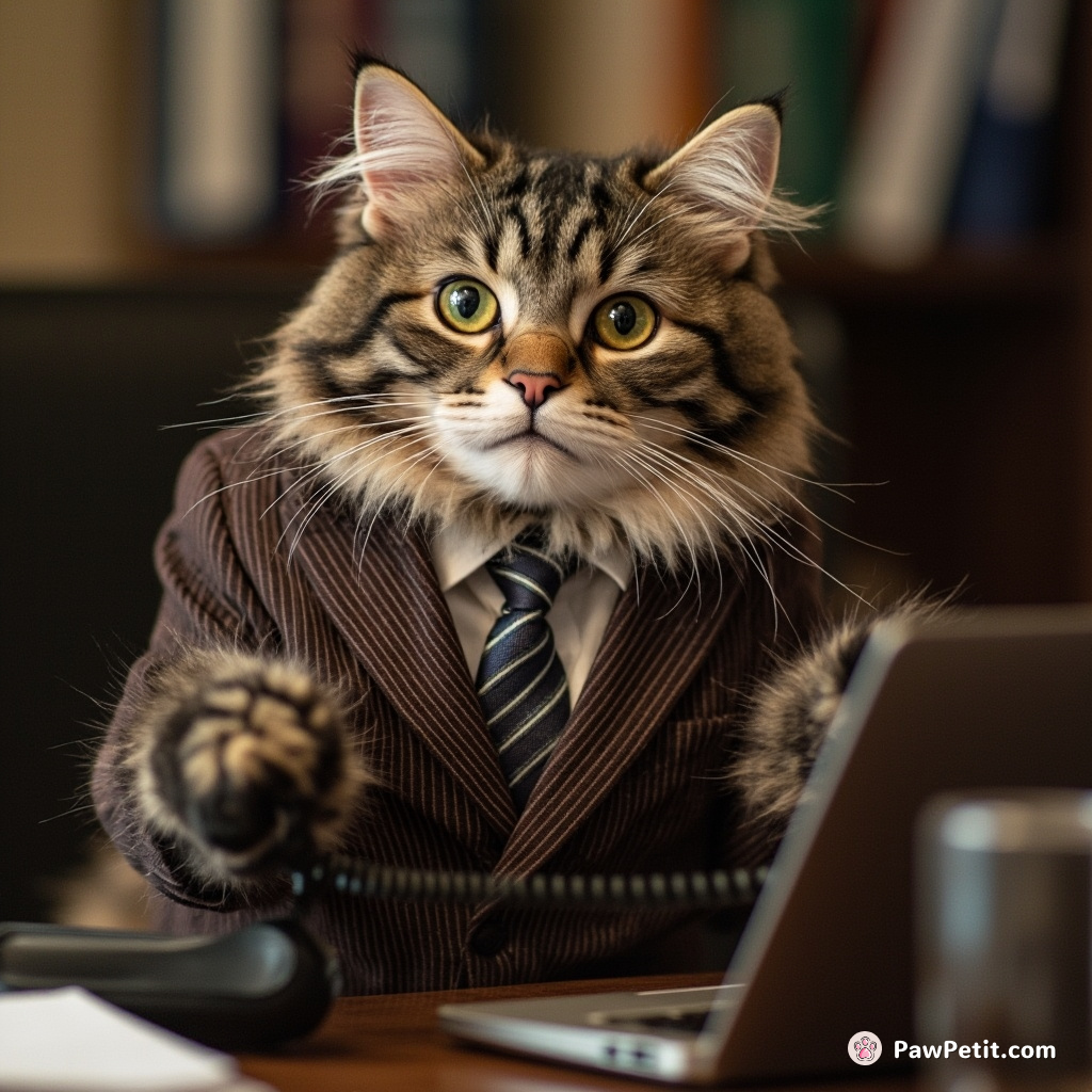 Cat in suit paws at conference call, accidentally ends meeting with a well-timed "meow.