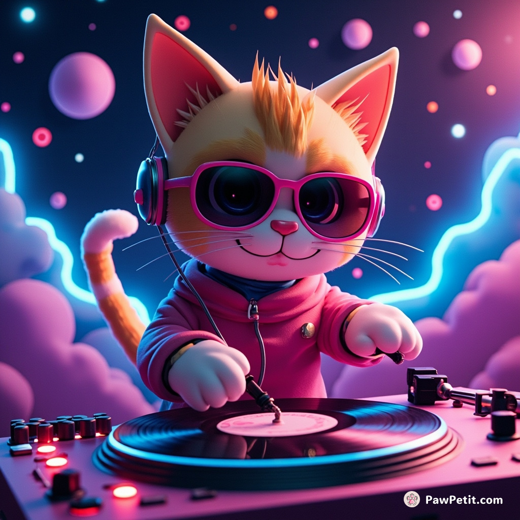 A techno-cat DJ spinning a vinyl galaxy, pulsating neon beats cascading around.
