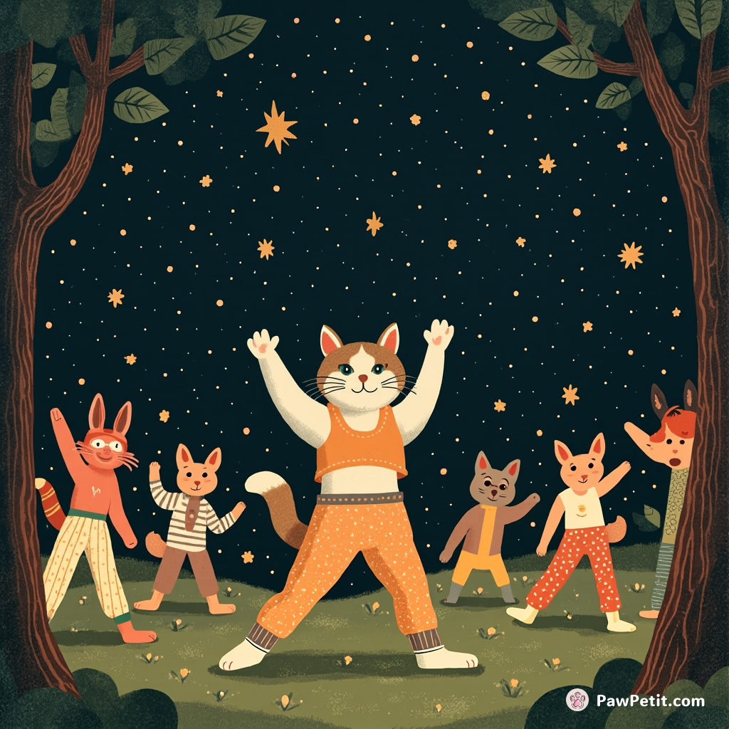Cat decked out in vintage 80s aerobics gear, leading a crowd of woodland animals in a vigorous Jazzercise session at a disco-themed forest clearing under magically twinkling night sky.