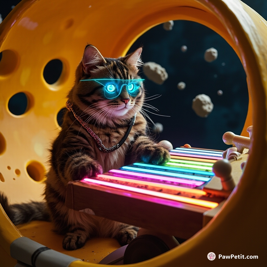 A cybernetic cat playing a neon light harpsichord inside a floating cheese wheel spaceship in an asteroid belt.