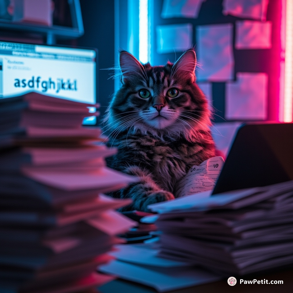 Smoky the cat pretends to work, topples stacks of papers "typing" a keyboard-only message: “asdfghjkl.”