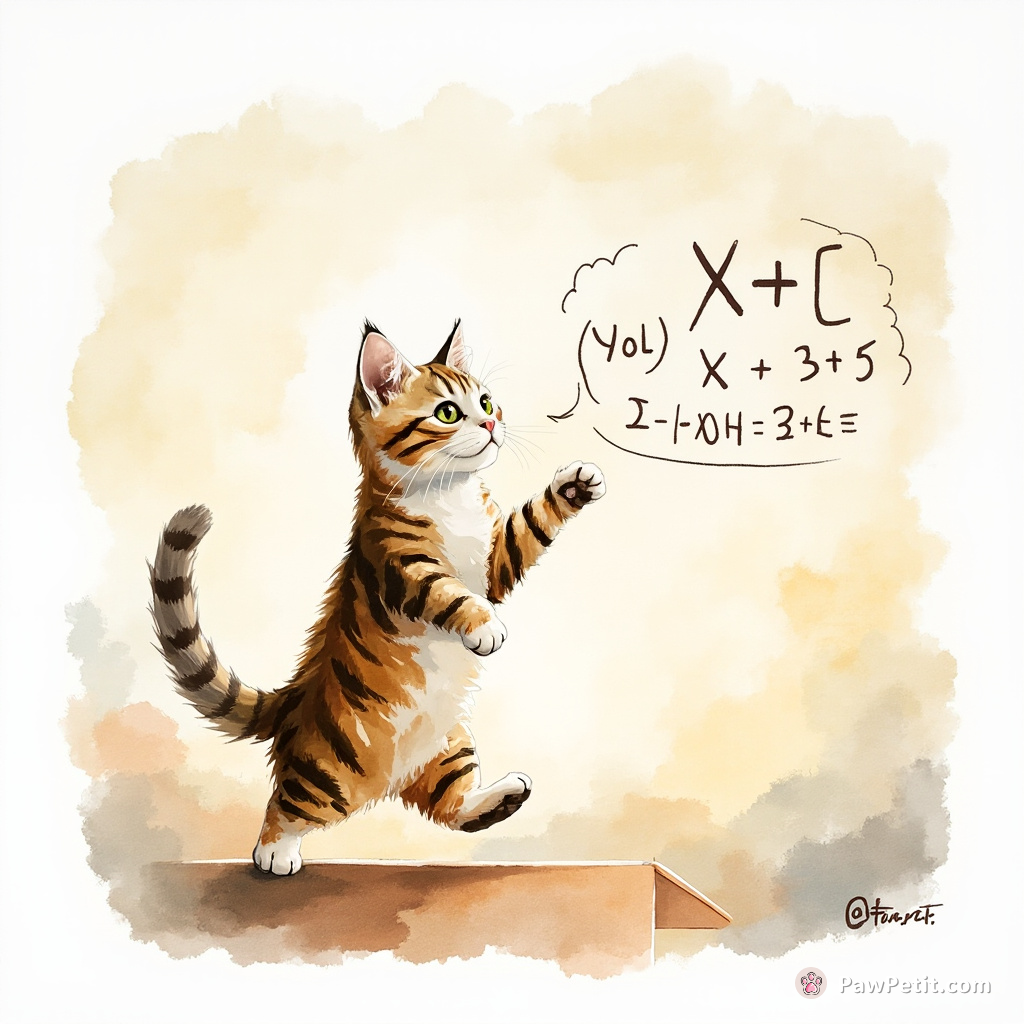 The cat confidently struts onto a stage, attempting to solve a complex math problem with a paw.
