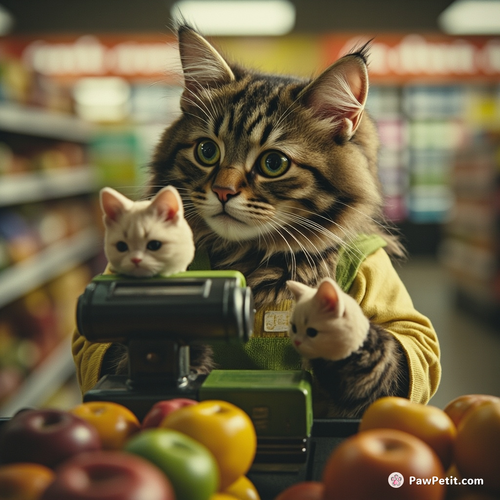 A feline supermarket cashier scanning items that are smaller versions of cats.