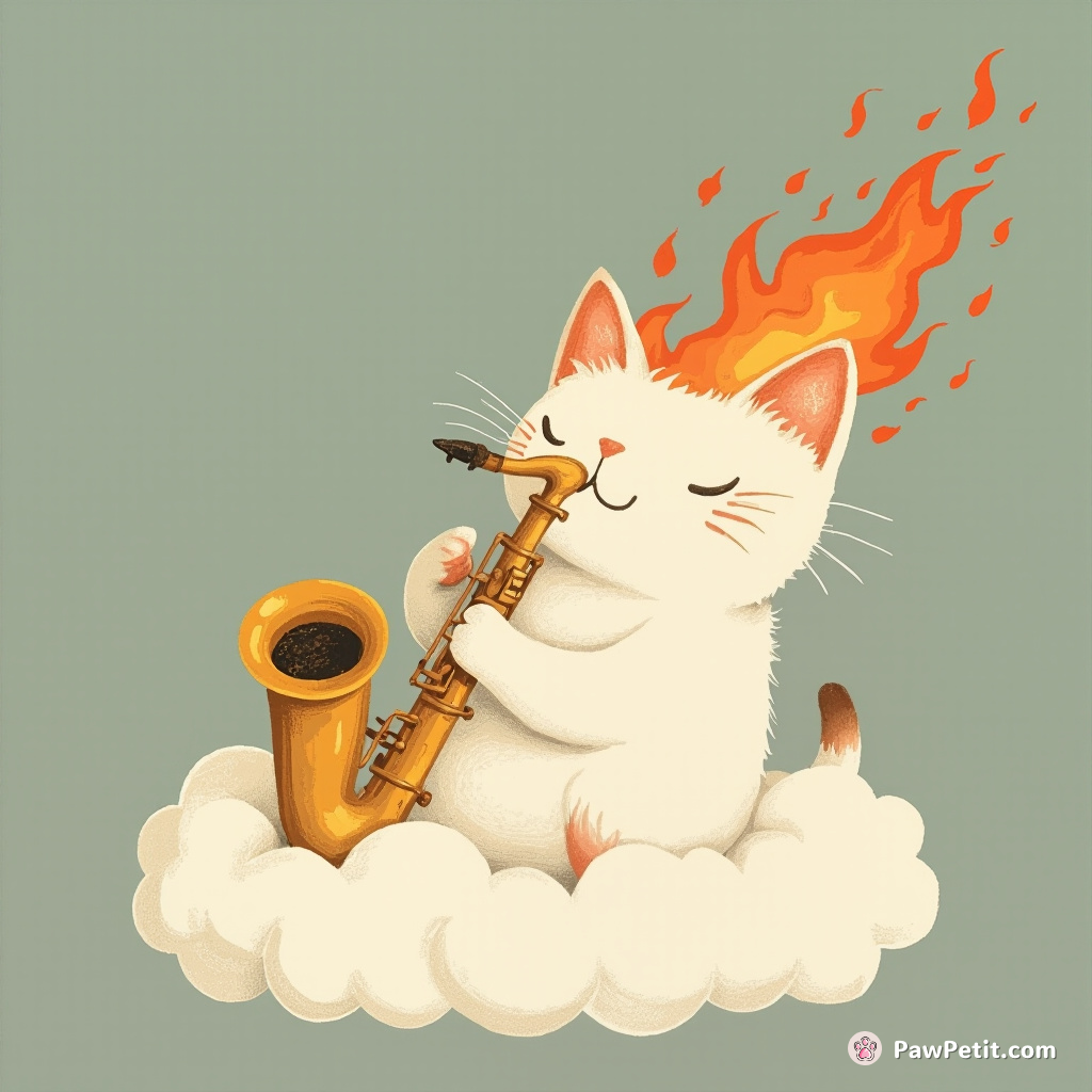 Cat playing a flaming saxophone on a marshmallow cloud.