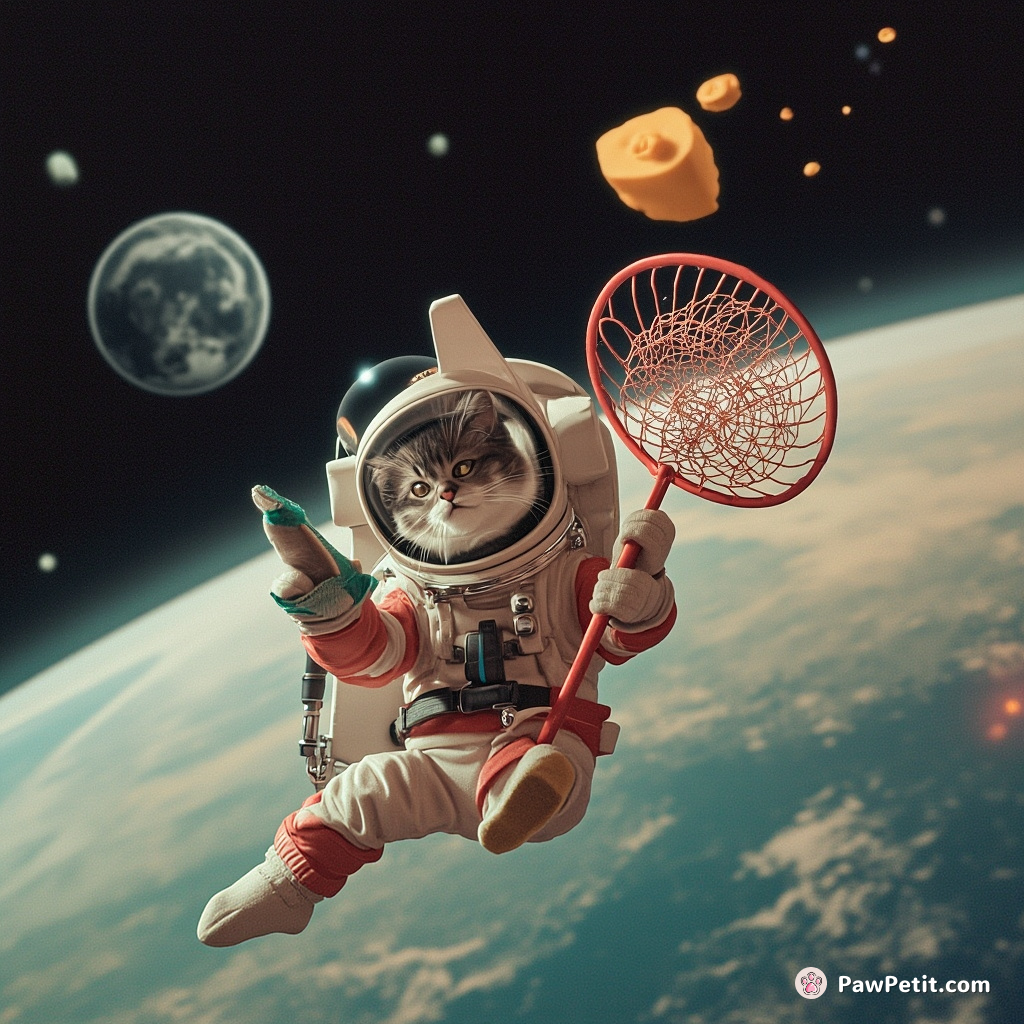 Cat swirling elegantly around the rings of Saturn, wearing NASA astronaut gear and catching cheese asteroids with a giant butterfly net.