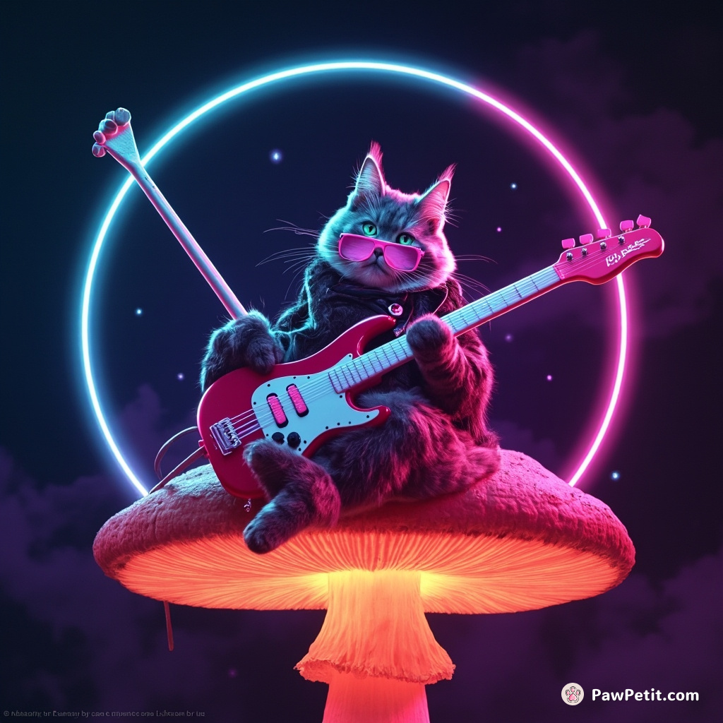 Cat rocking out to air guitar on a mushroom in outer space.