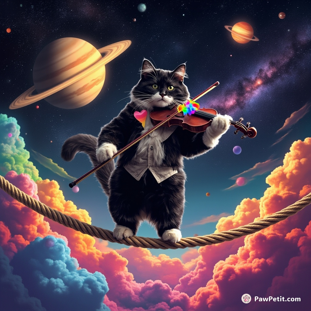 A tuxedo cat playing a psychedelic electric violin on a tightrope between two rainbow-clouds in the vivid night sky of Saturn.