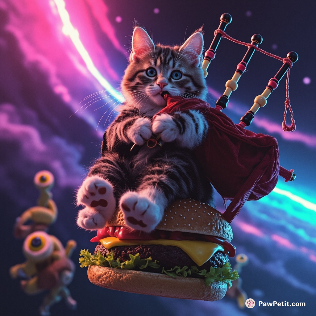 A cat playing bagpipes, ominously floating on a flying hamburger in space while being cheered on by banana aliens.