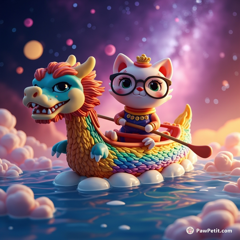 Cat piloting a dragon boat made of rainbow-colored 粽子 on a silk road bordering the Milky Way.