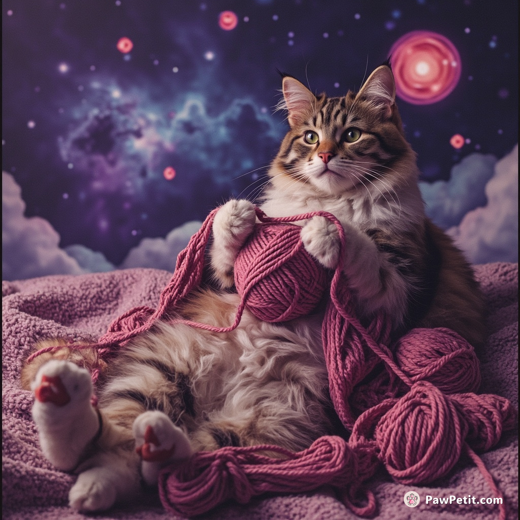 Giant cat knitting galaxies with cosmic yarn in a zero-gravity space lounge
