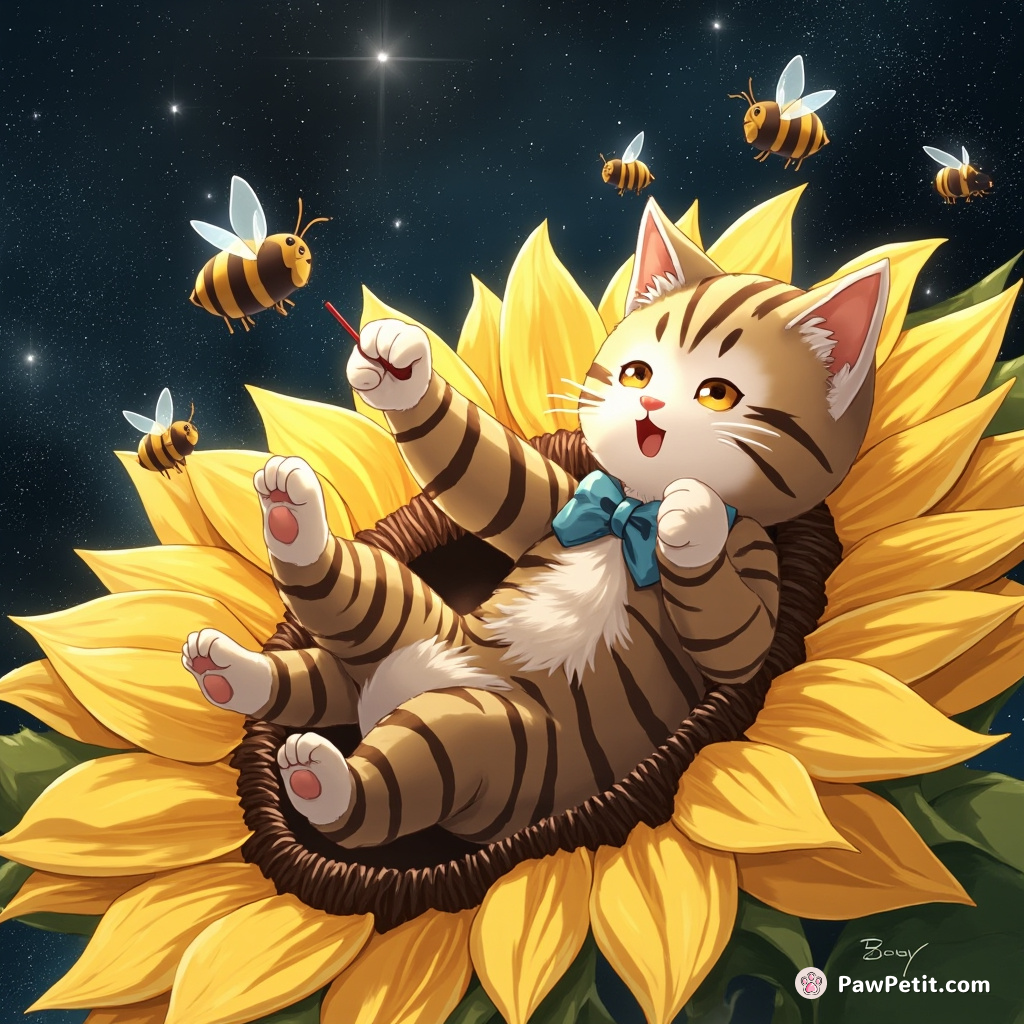 Cat, conducting a bee orchestra, atop a sunflower in space.